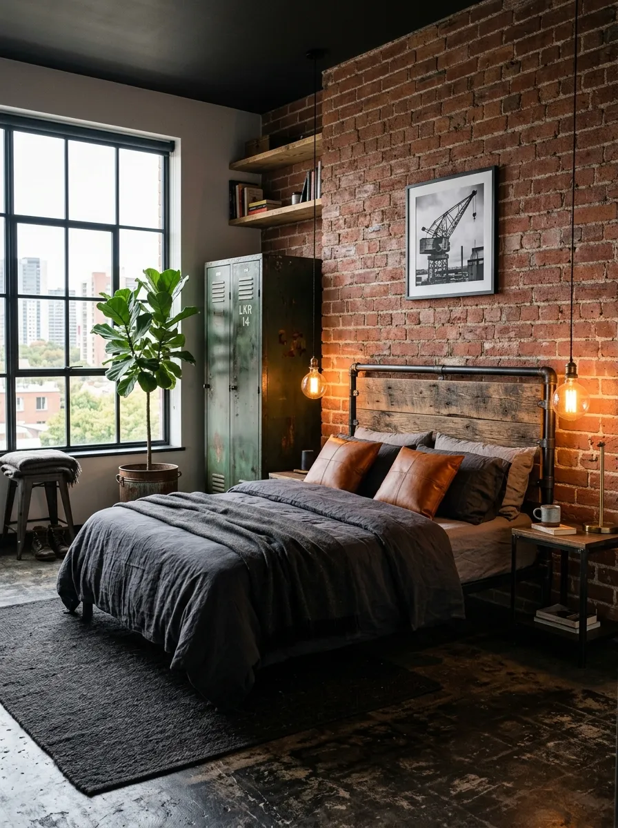 Industrial chic boutique bedroom with exposed brick wall, steel headboard, Edison bulb pendants, and dark linen for a cool urban loft look