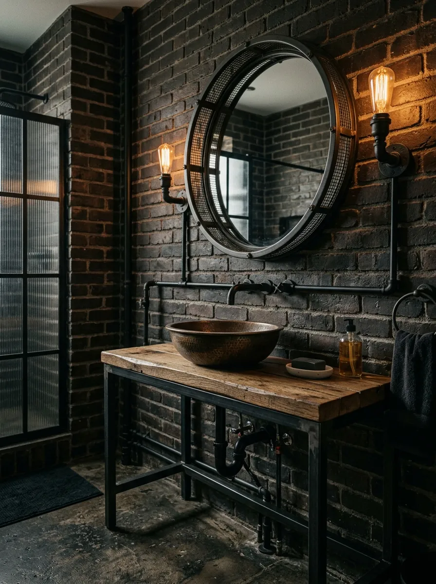 22 Dark Moody Bathroom Ideas for a Bold, Dramatic, and Surprisingly Cozy Modern Space 21 Dark brick wall bathroom with exposed black pipe fixtures and raw steel vanity in a rugged industrial dark moody bathroom style.
