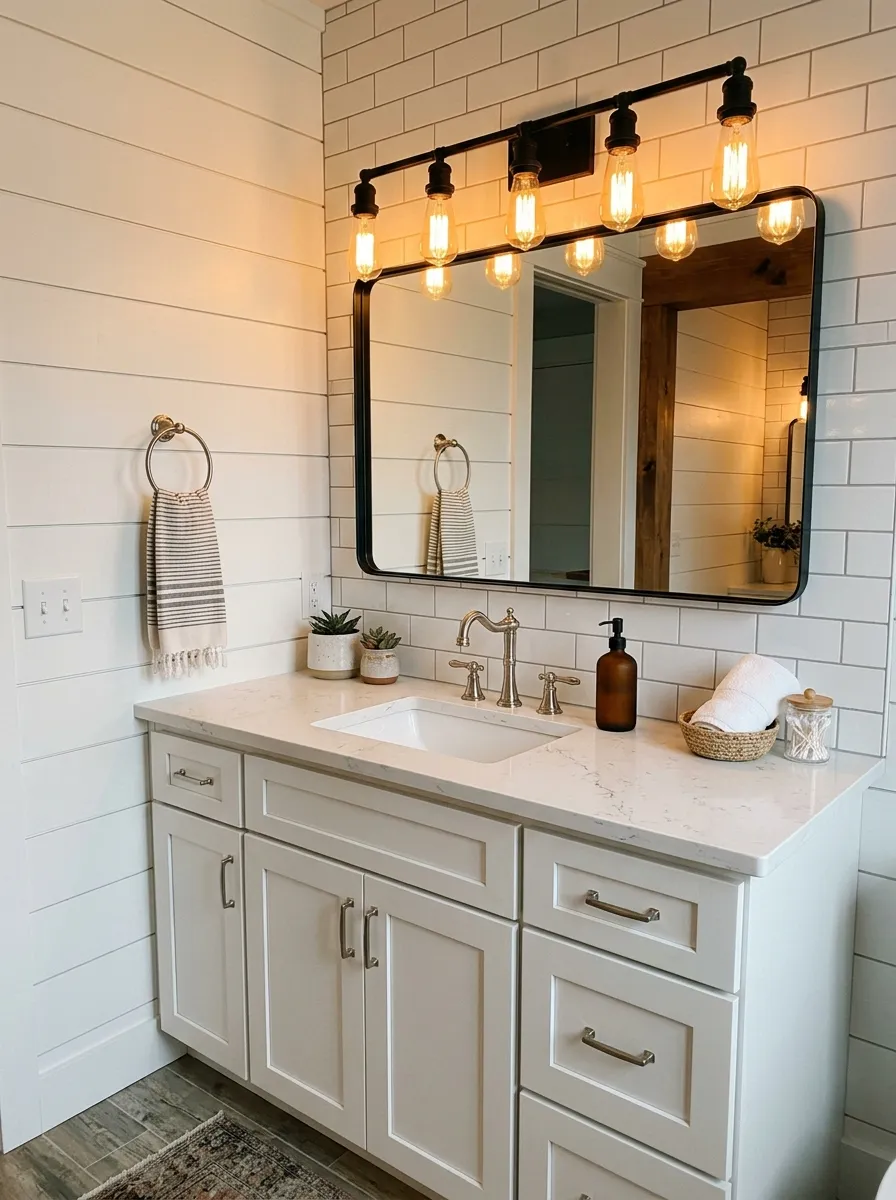 Matte black industrial bar light with Edison bulbs above a farmhouse bathroom vanity with black mirror and white shaker cabinet