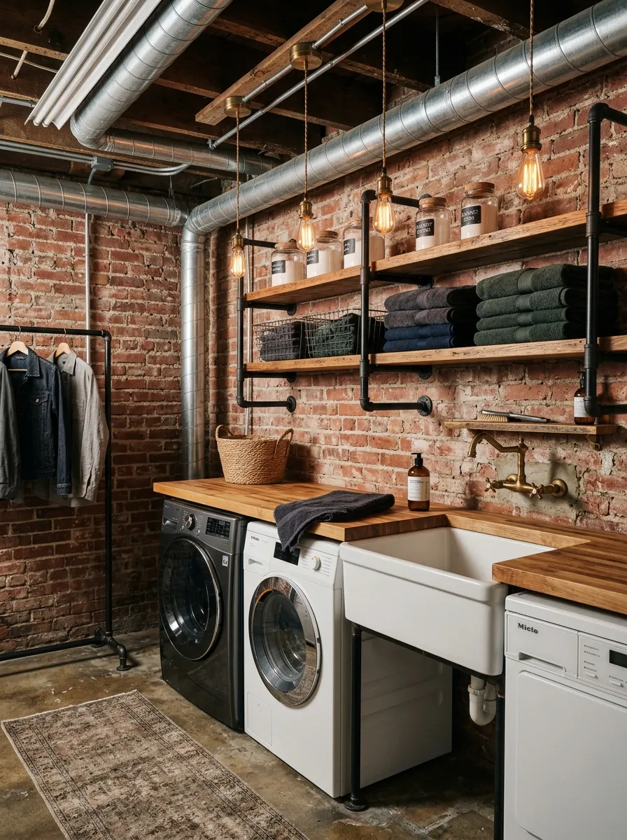 16 Basement Laundry Room Ideas That Use Smart Design Principles to Make Every Inch Work Better 7 Industrial basement laundry room with exposed brick walls, matte black pipe shelving, warm Edison lighting, and butcher block counter