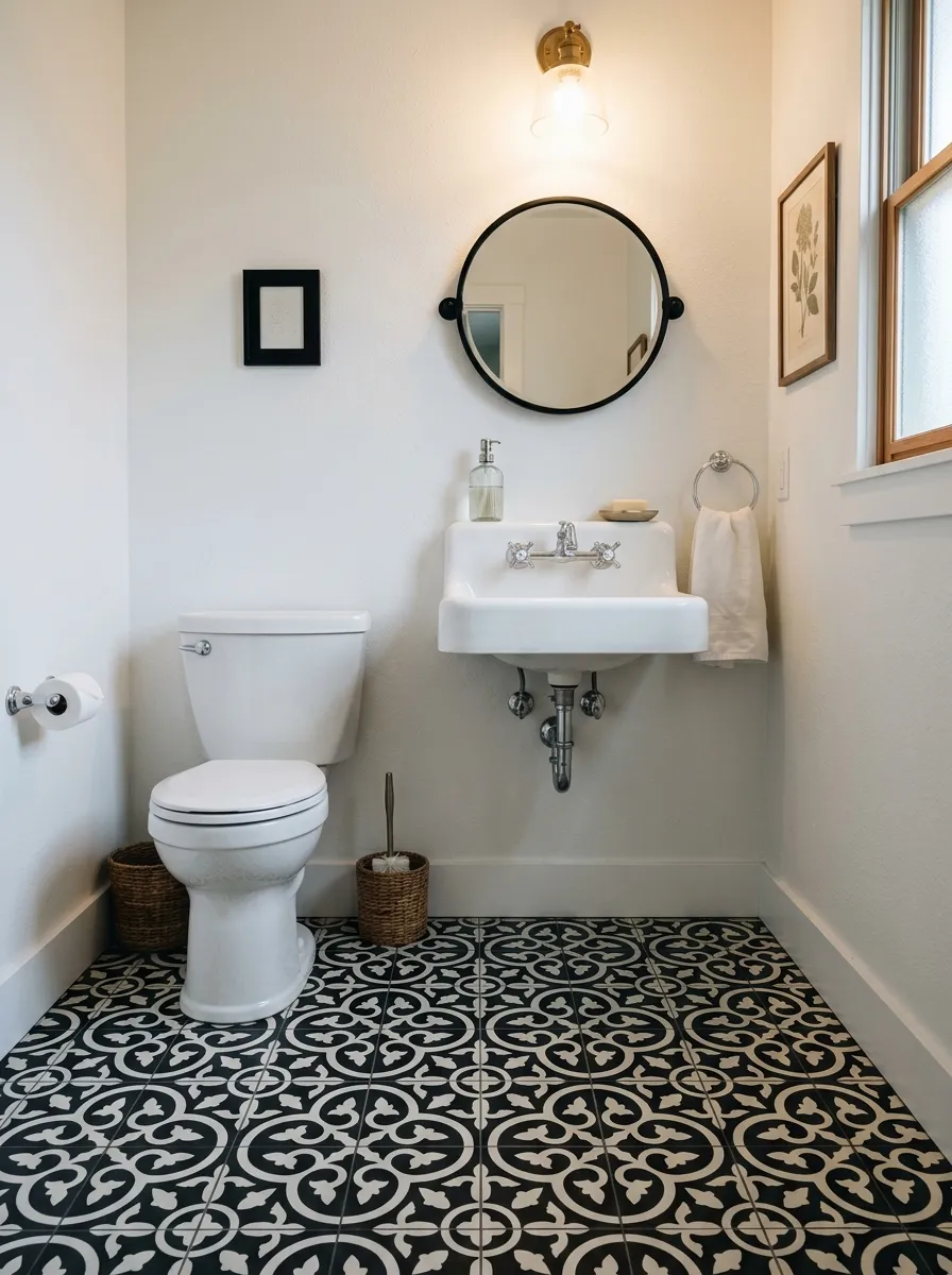 18 Black and White Bathroom Ideas That Photograph Beautifully and Look Just as Good in Real Life 15 Charming bathroom with intricate geometric black and white patterned cement encaustic tile floor
