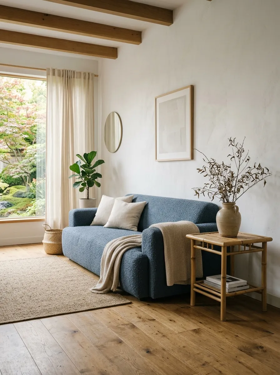 Slate blue boucle sofa in a Japandi living room with bamboo table, dried branches, and natural wood floors