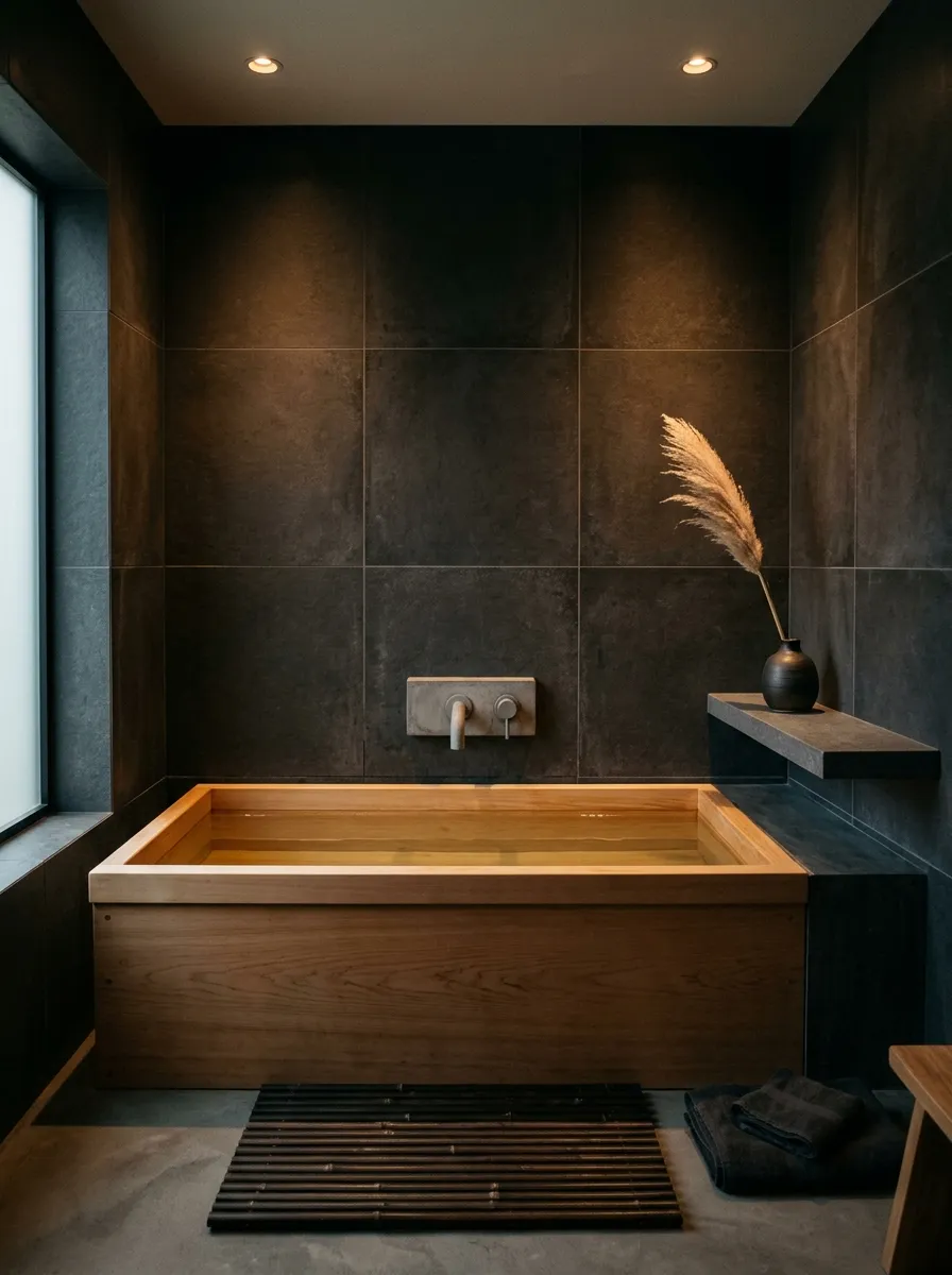 22 Dark Moody Bathroom Ideas for a Bold, Dramatic, and Surprisingly Cozy Modern Space 18 Minimalist dark charcoal tile bathroom with hinoki wood soaking tub and ceramic bud vase in a calm Japandi moody design.