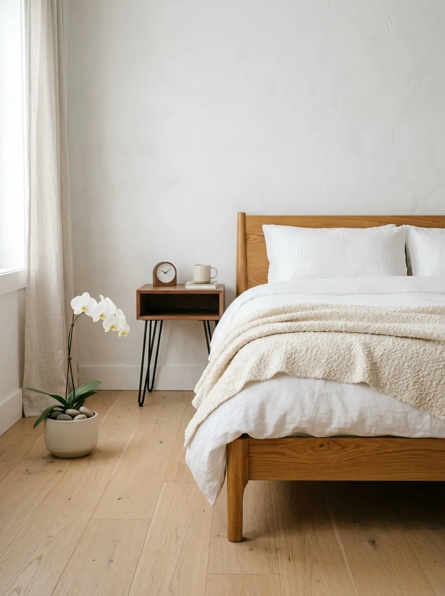 Japandi inspired bedroom with low oak bed, tapered nightstand, and cream boucle in a minimalist setting
