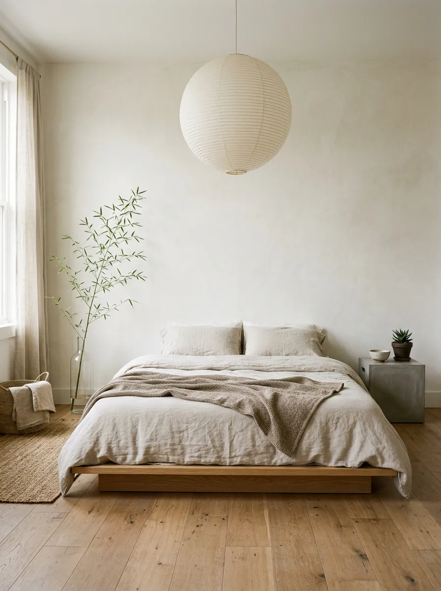 Japandi boutique bedroom with oak platform bed, paper lantern pendant, and oatmeal linen bedding for a serene minimalist aesthetic