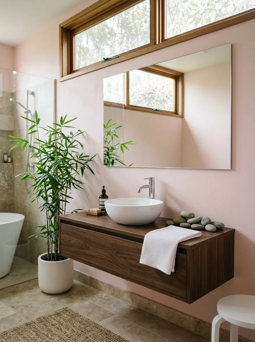 Japandi pink bathroom with sakura pale walls, dark walnut vanity, and bamboo plant serene pink bathroom design