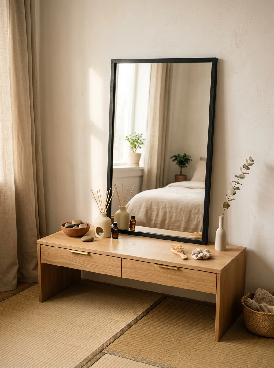 19 Small Bedroom Vanity Ideas to Create an Instagram Worthy Beauty Space With Style 18 Japandi vanity corner with natural oak table, thin black mirror and ceramic accents in a small bedroom