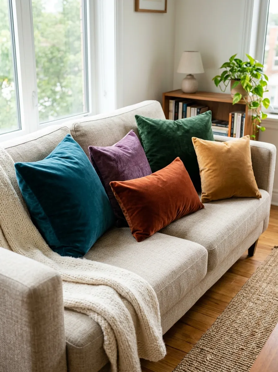 22 Colorful Apartment Decorating Ideas That Make Every Room Feel Bold, Stylish, and Cohesive 14 Jewel tone velvet throw pillows in teal, burnt orange, and amethyst styled on a neutral linen sofa in an apartment