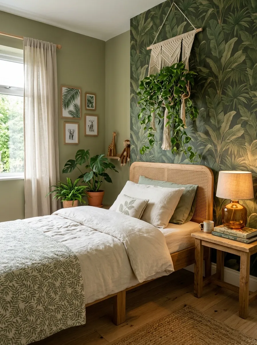 Cool kids room ideas with a jungle theme, rattan bed frame, tropical leaf wallpaper, and hanging indoor plants