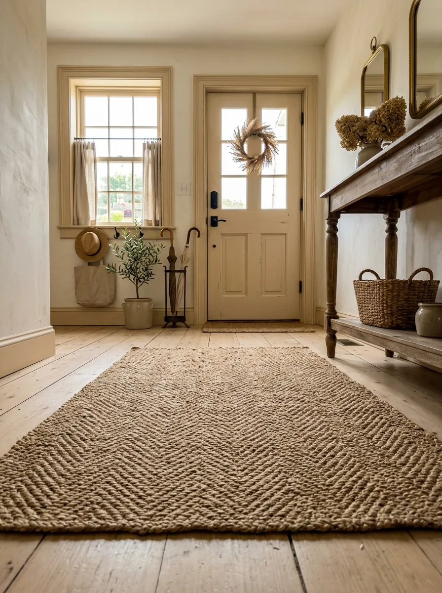 Natural jute herringbone woven rug on hardwood floors in a farmhouse foyer with console table legs and warm natural light