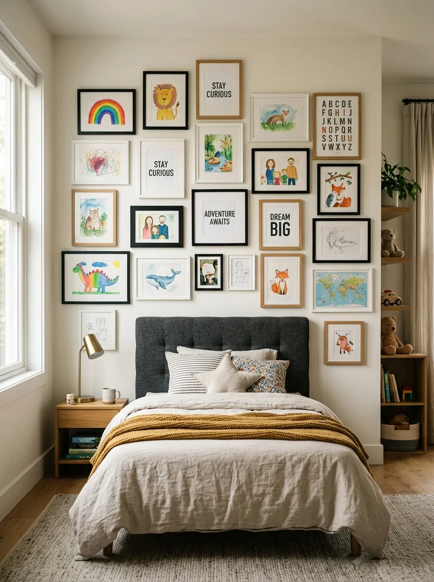 Bedroom ideas for older kids featuring a curated gallery wall of personal artwork and mixed-frame prints above the bed
