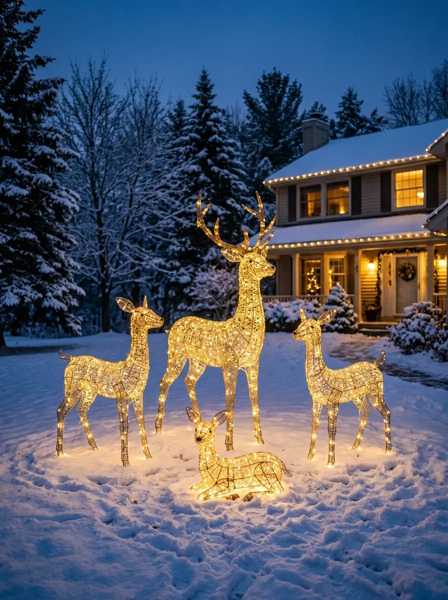 Four glowing wire frame deer in varying sizes on a snowy lawn as Christmas yard decorating ideas at twilight
