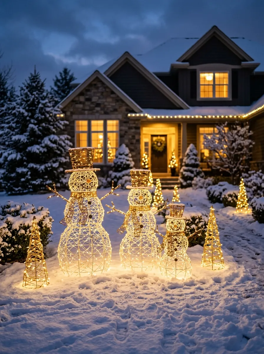 LED wire frame snowman family grouped with lit cone trees as Christmas yard decorating ideas on a snowy lawn