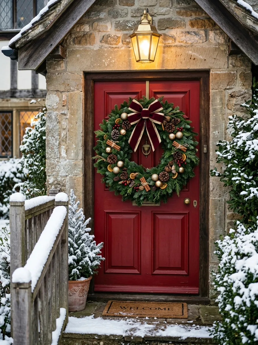 Large evergreen Christmas wreath with burgundy bow on a red front door as a bold outdoor Christmas porch decoration