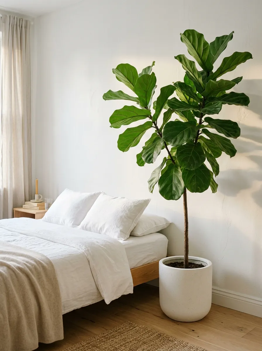 Large fiddle leaf fig in a white pot beside a bed in a clean minimal bedroom decor setting