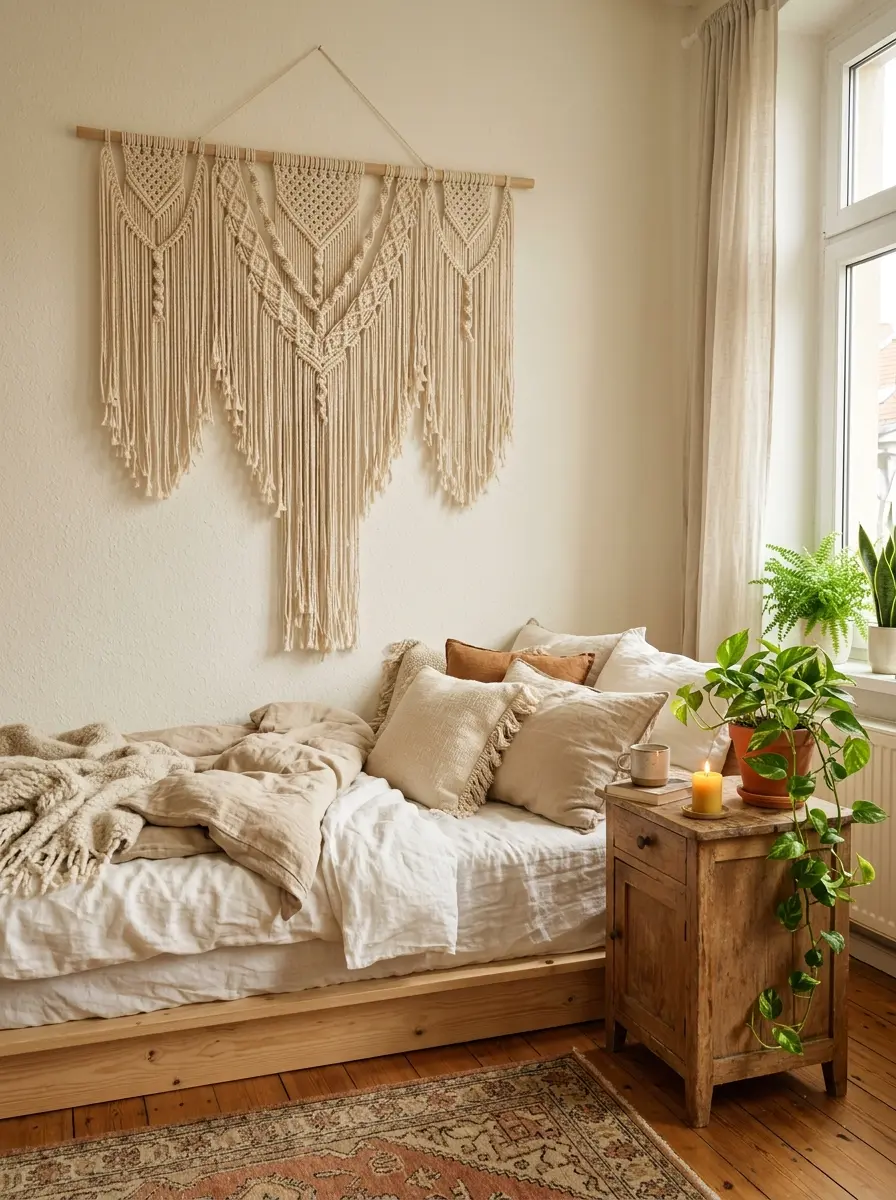 22 Boho Apartment Ideas That Turn Small Spaces Into Soulful, Cozy, and Stylish Sanctuaries 3 A large handmade macramé wall hanging above a low platform bed with layered linen in a peaceful Boho apartment bedroom.