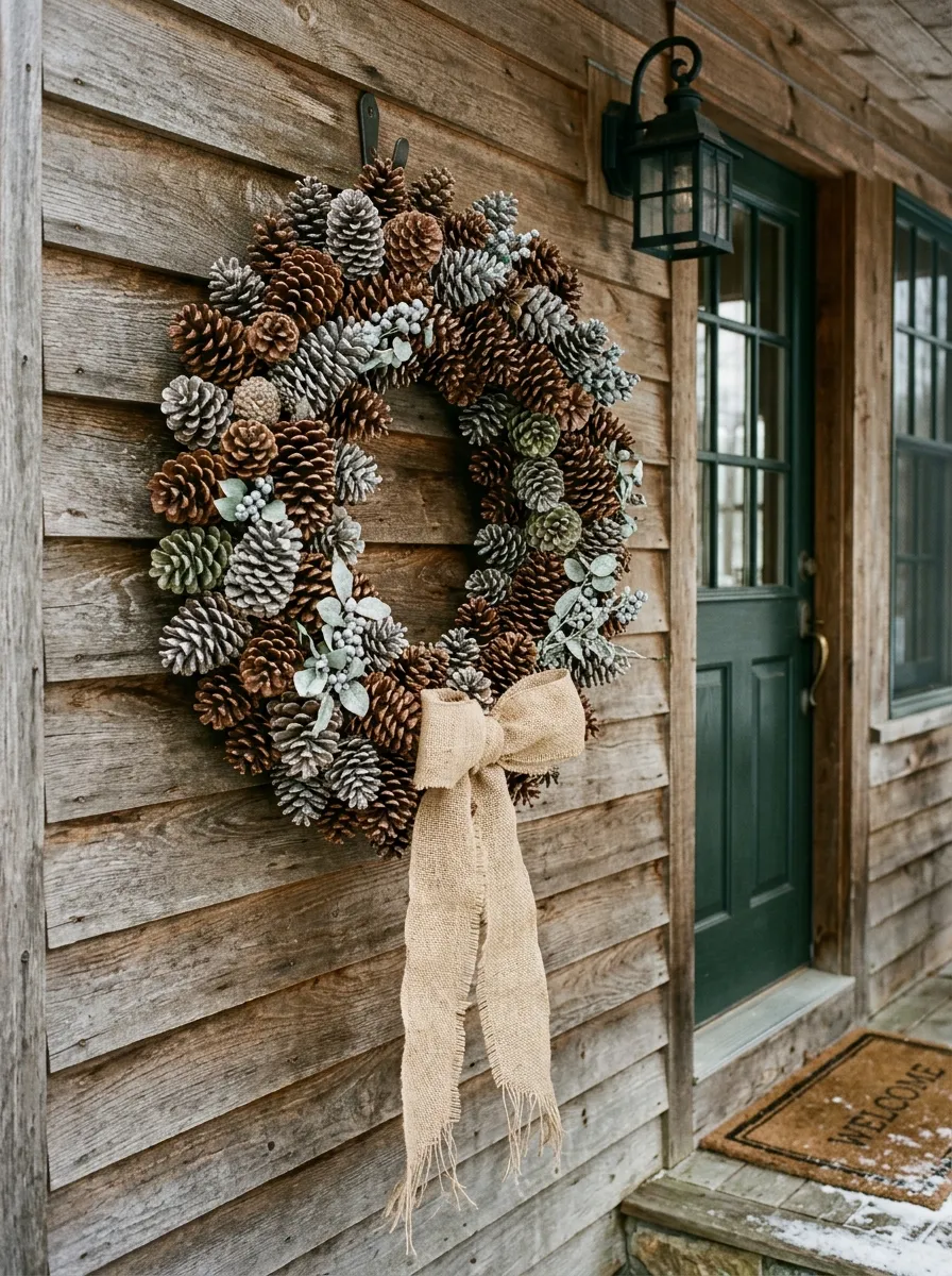 Large natural pinecone wreath with burlap bow hung beside front door as rustic outdoor Christmas porch styling
