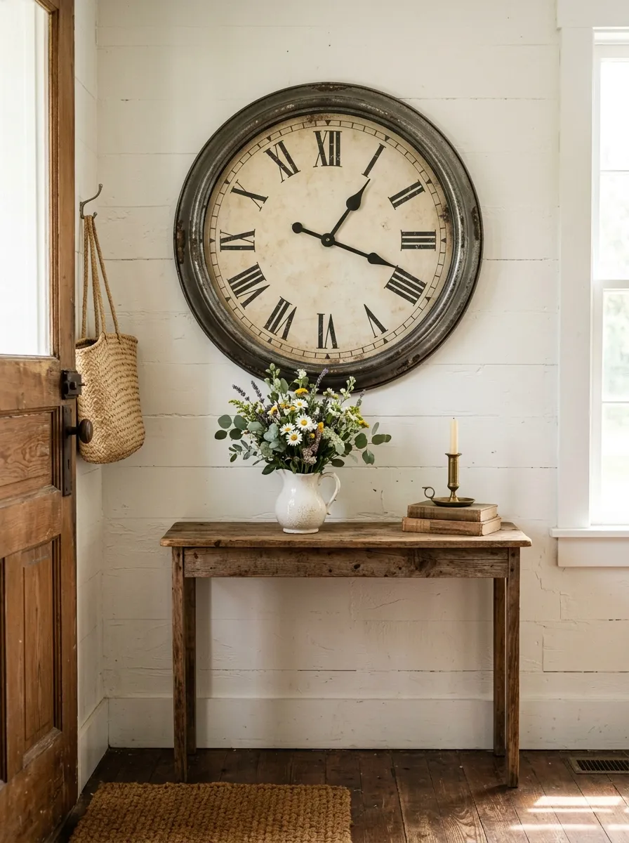 Large round vintage wall clock with distressed cream face above wood console table in rustic entryway ideas with white shiplap background