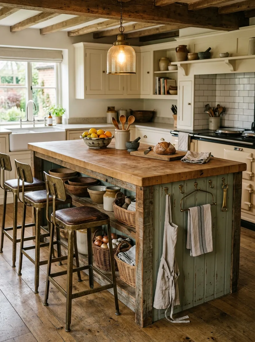 23 Rustic Farmhouse Kitchen Ideas That Use Quiet Design Rules to Create a Timeless Look 9 Generous rustic farmhouse kitchen island with sage green beadboard paneling, butcher block top, and aged brass stools and hooks.