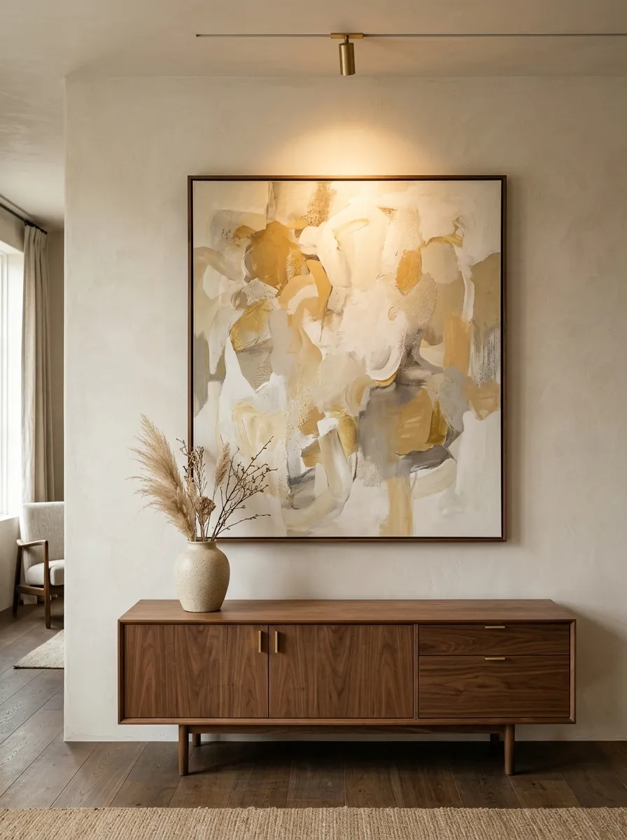 25 Luxury Living Room Ideas That Reveal the Design Details Most People Completely Overlook 4 Single large abstract artwork with generous breathing room on a neutral wall inside an elegant living room