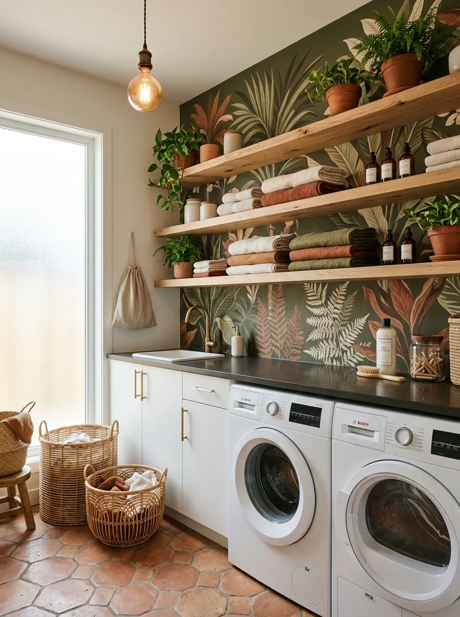 Serene laundry room with large scale botanical mural wallpaper ideas for laundry room, raw wood shelves, terracotta pots, and earthy hex tile floor