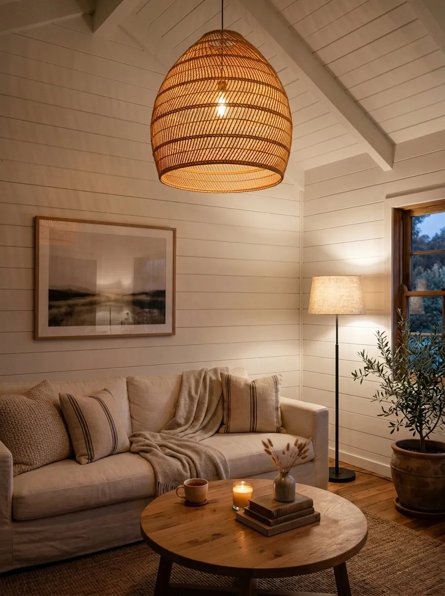 21 Modern Farmhouse Living Room Ideas That Perfectly Balance Texture, Warmth, and Modern Style 7 A modern farmhouse living room with a large woven rattan statement pendant light glowing warmly above a cream sofa and round wood coffee table.