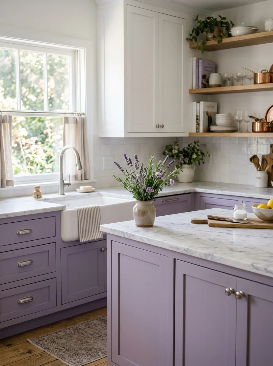 Matte lavender lower cabinets with white uppers, marble countertops, silver hardware, and lavender sprigs in a soft dreamy kitchen