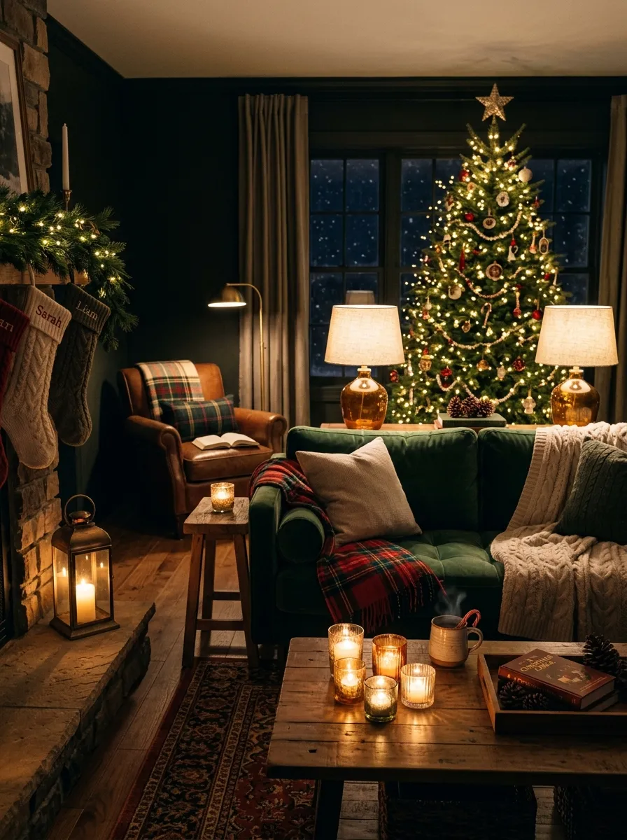 A Christmas living room lit by layered accent sources including fairy lights, lanterns, table lamps, and candles as an elegant holiday living room decor idea