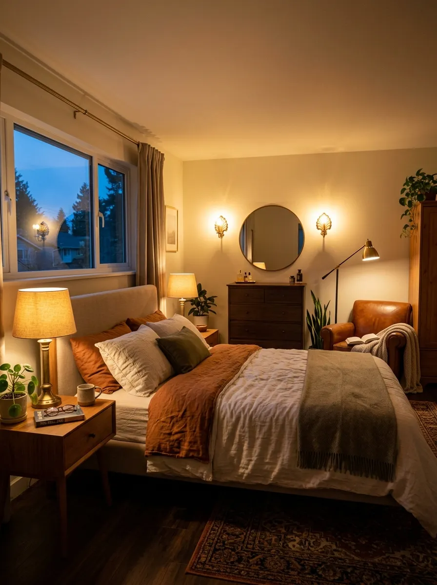 Layered warm lighting with brass lamps and wall sconces in a cozy elegant bedroom design at dusk
