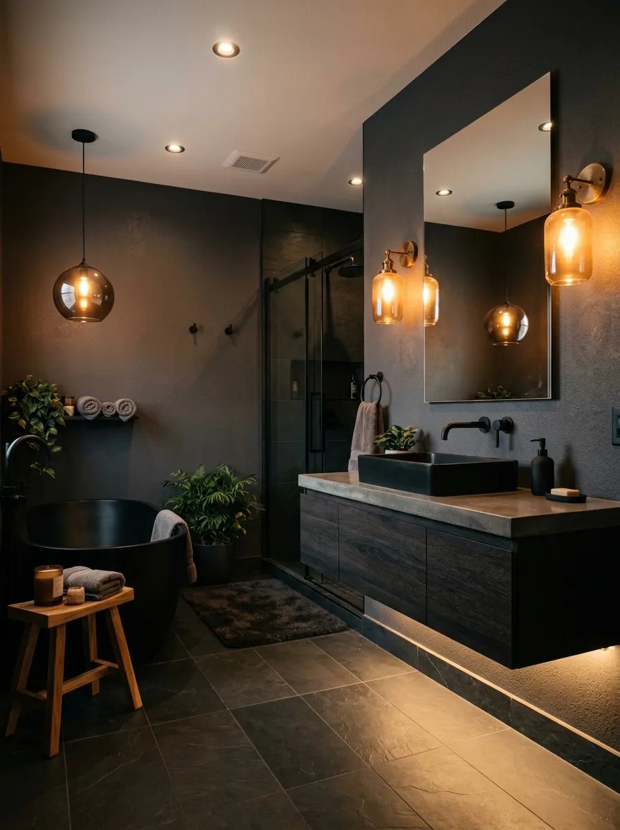 22 Dark Moody Bathroom Ideas for a Bold, Dramatic, and Surprisingly Cozy Modern Space 7 Layered warm lighting in a dark moody bathroom with sconces, LED strips, and pendant light creating a dramatic atmosphere.