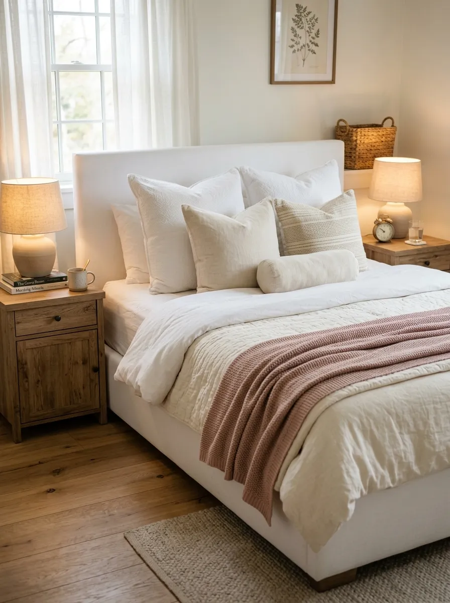 18 Inspiring Guest Bedroom Ideas That Create a Warm, Cozy, and Memorable Stay 1 Guest bedroom with layered white bedding, ivory pillows, and dusty rose throw for a cozy welcoming look