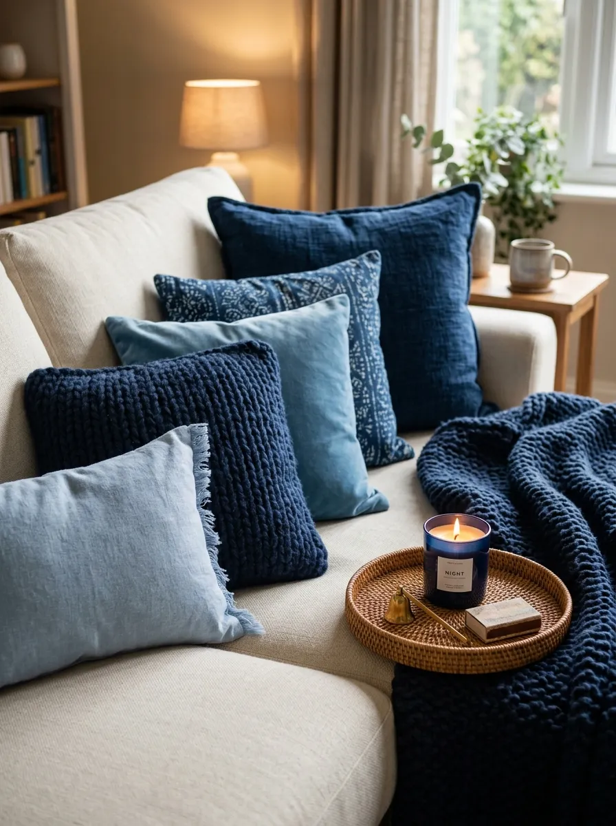 Layered blue cushions in varying shades from powder to navy on a cream sofa with chunky knit throw