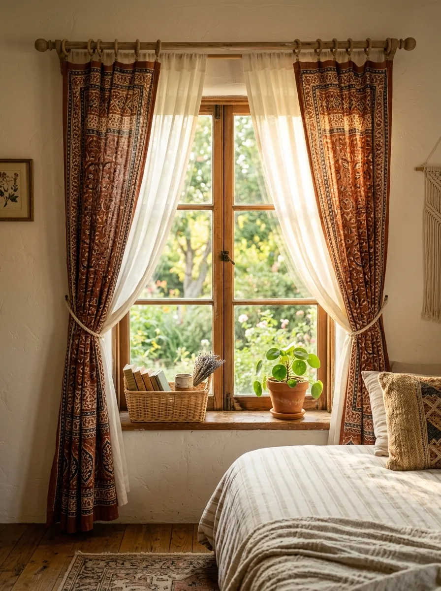 23 Curated Boho Bedroom Ideas for a Cozy, Inviting, and Effortlessly Stylish Retreat 20 Rust block printed cotton curtains over sheer white panels on a wood rod in a warm layered Boho bedroom window