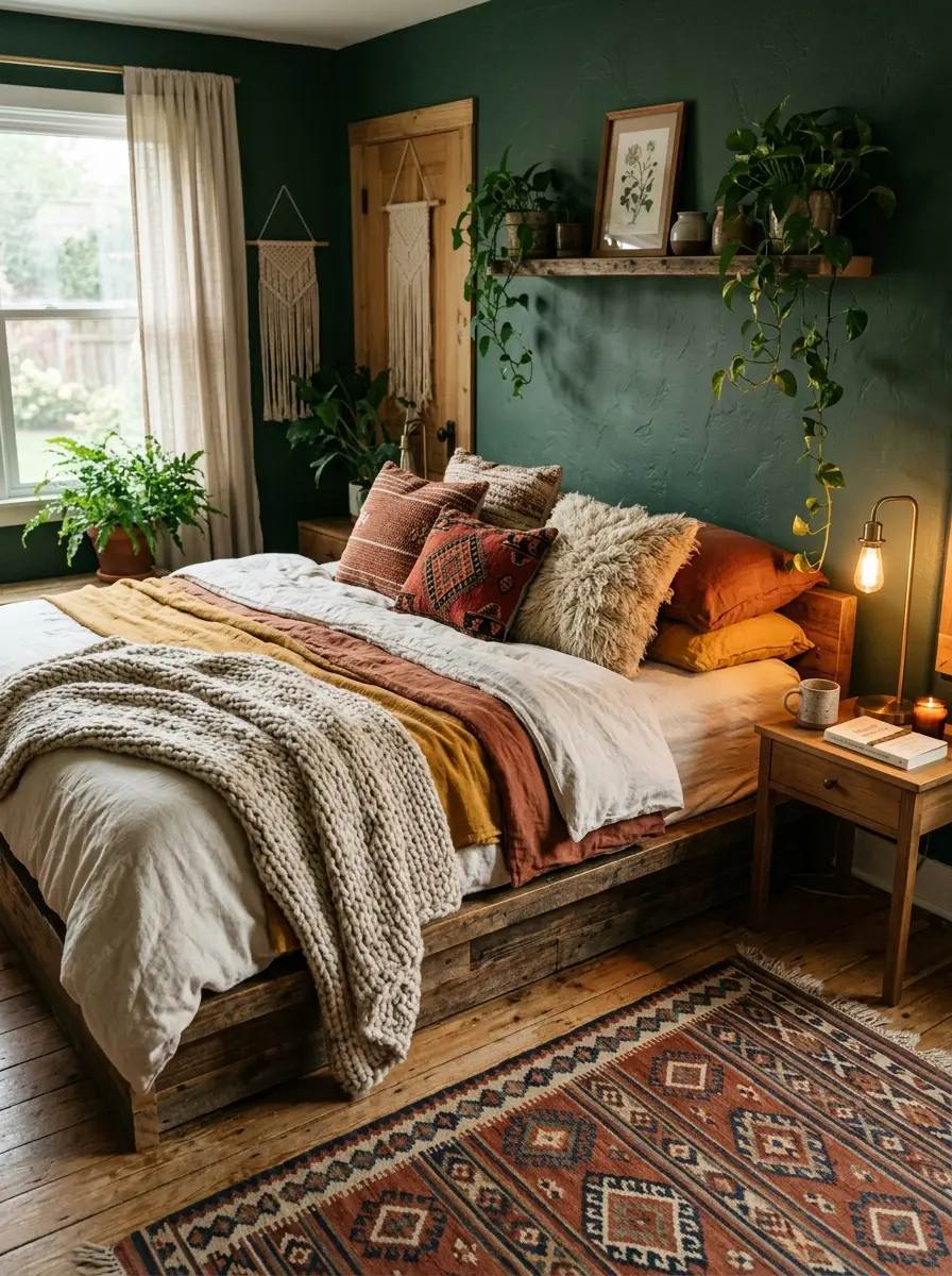 20 Dark Boho Bedroom Ideas That Embrace Moody Colors, Cozy Textures, and Relaxing Nighttime Style 2 A moody Boho bedroom with forest green walls and layered ochre, cream, and rust textiles on a low platform bed
