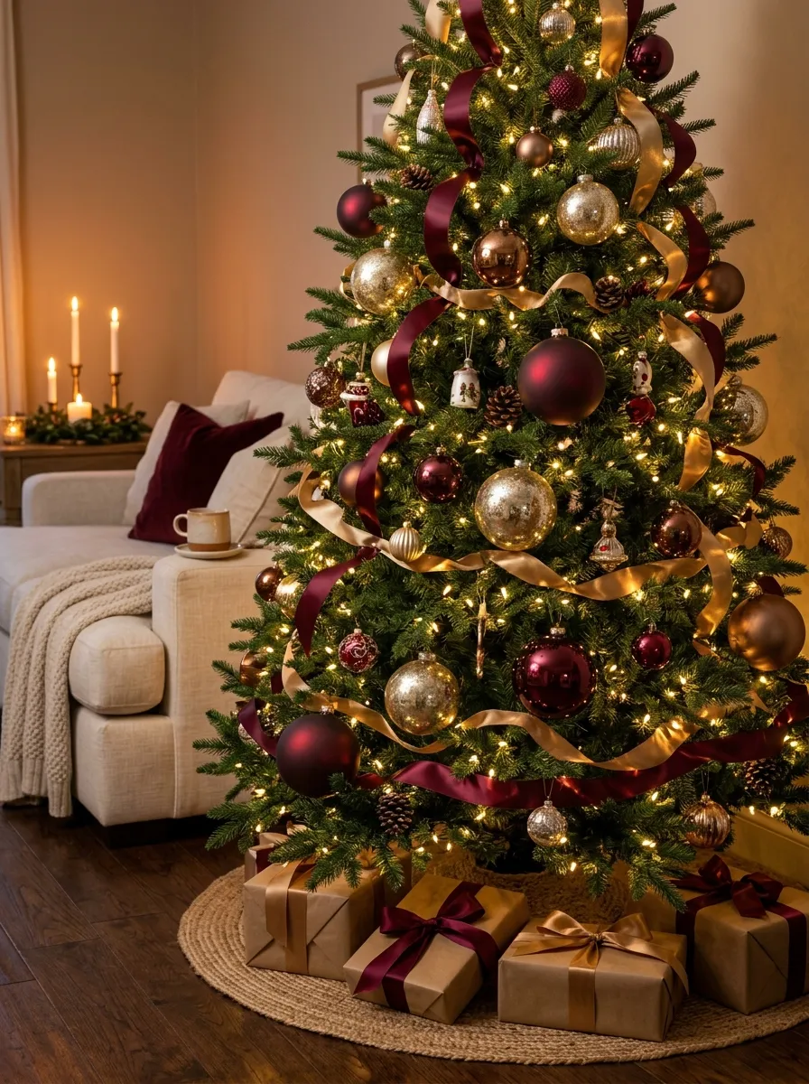 A tall Christmas tree layered with satin ribbon, gold ornaments, and fairy lights as part of festive living room ideas for the holidays
