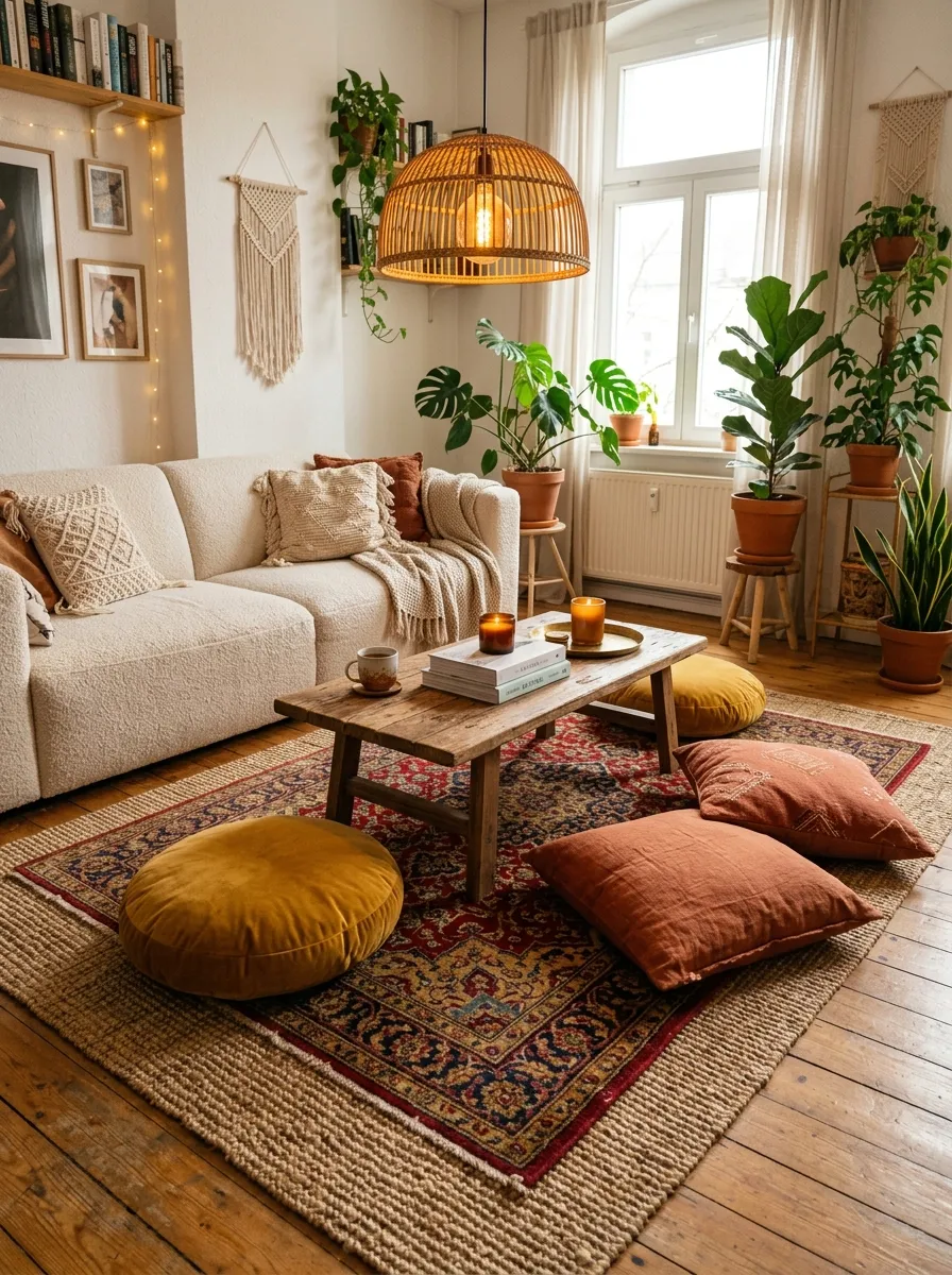 22 Colorful Apartment Decorating Ideas That Make Every Room Feel Bold, Stylish, and Cohesive 3 Layered colorful rugs in a boho apartment living room with jute base and vintage Persian rug on top