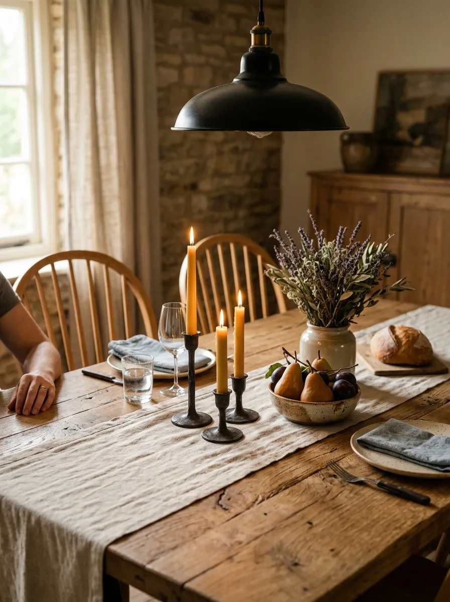 Modern farmhouse dining room table styled with linen runner, iron candle holders, dried lavender, and ceramic bowl on oak plank surface