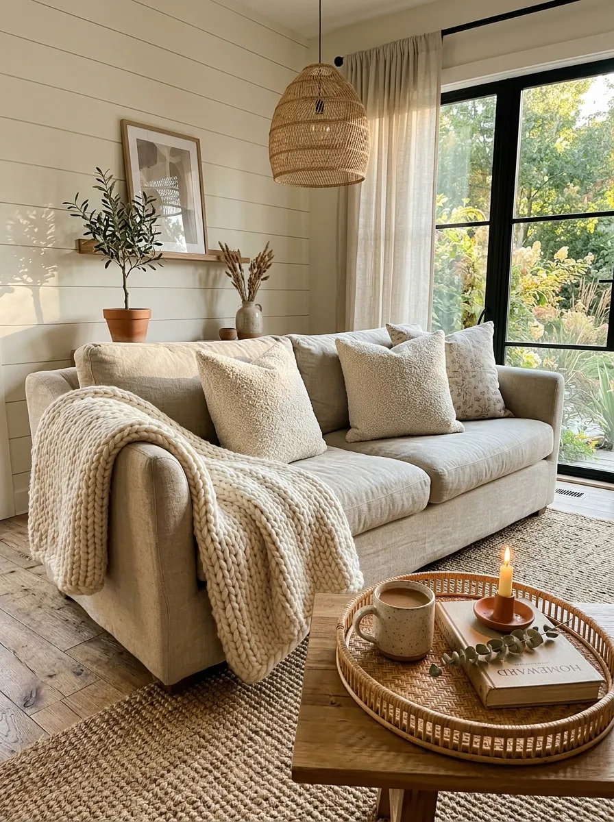21 Modern Farmhouse Living Room Ideas That Perfectly Balance Texture, Warmth, and Modern Style 5 A richly textured farmhouse living room corner featuring boucle cushions, chunky knit throw, woven rattan tray, and jute rug in warm afternoon light.