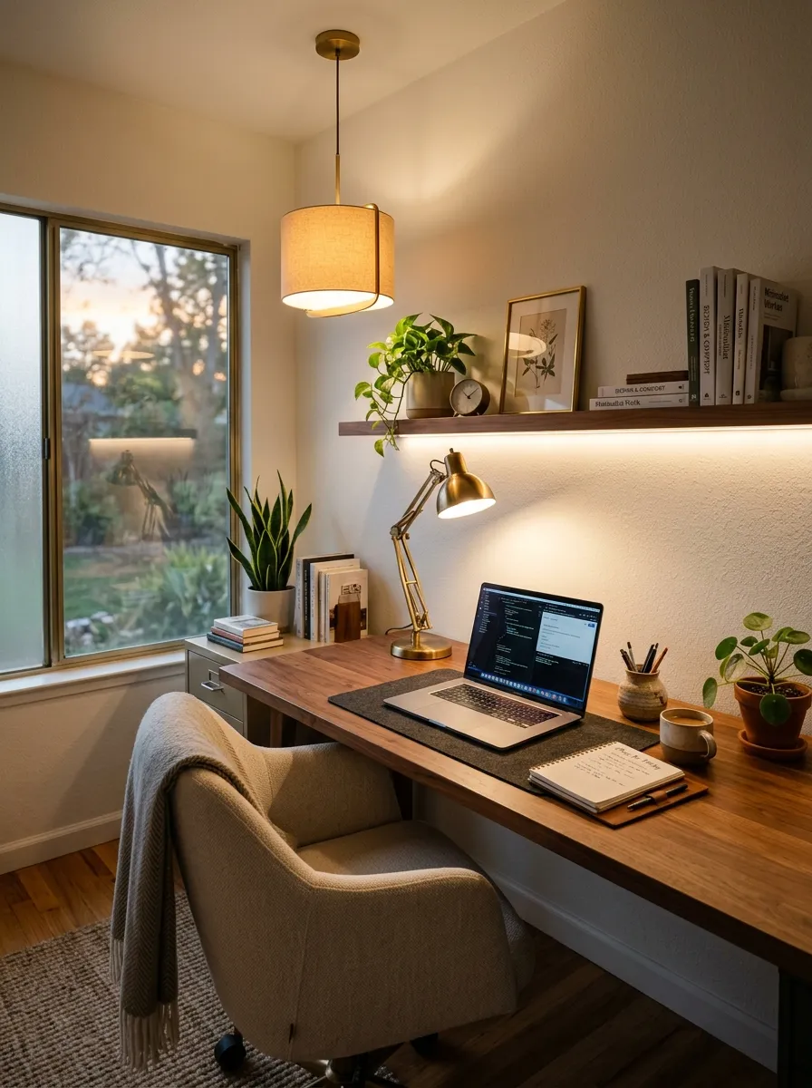 Home office setup with three layer lighting including warm pendant, brass desk lamp, and LED under shelf accent strip on warm wood desk