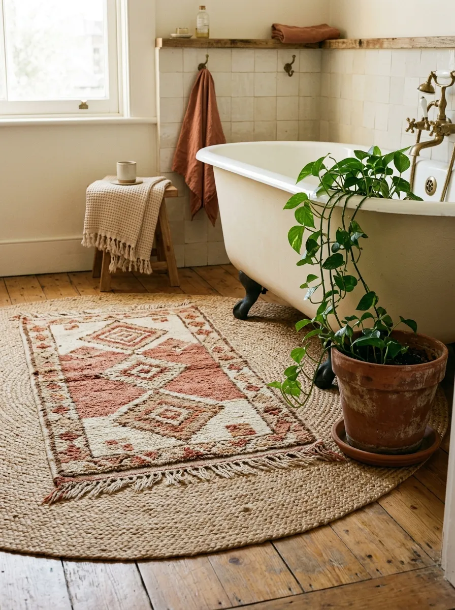 19 Boho Bathroom Ideas That Combine Soft Textures, Natural Details, and Soulful Eclectic Style 12 A large natural jute rug layered with a smaller hand knotted wool rug in cream and terracotta tones beside a clawfoot tub in a warm Boho bathroom.