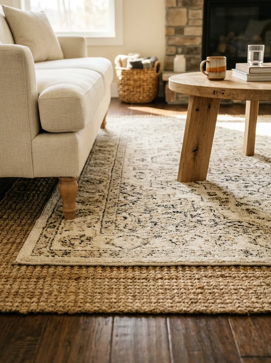 21 Modern Farmhouse Living Room Ideas That Perfectly Balance Texture, Warmth, and Modern Style 9 A modern farmhouse living room floor showing layered jute base rug under a soft cream wool rug with sofa and wood coffee table legs resting on top.