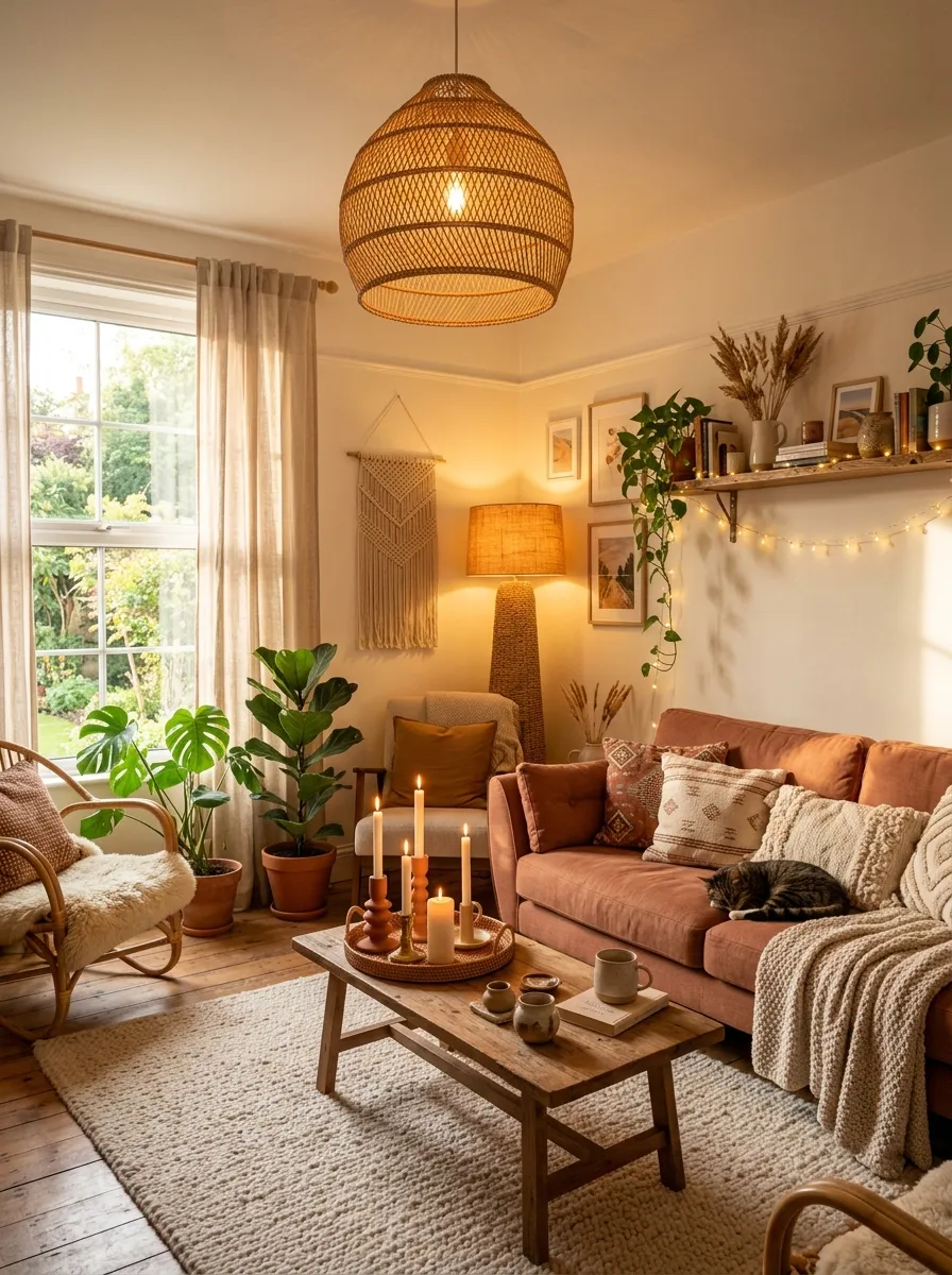 Warm Boho living room at golden hour with rattan pendant light, floor lamp, string lights, and candles creating layered atmospheric glow