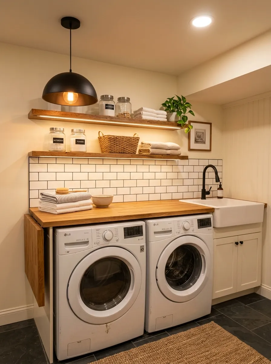 16 Basement Laundry Room Ideas That Use Smart Design Principles to Make Every Inch Work Better 2 Underground laundry space with pendant light, under shelf LED strips, and warm recessed lighting over white subway tile and wood counter