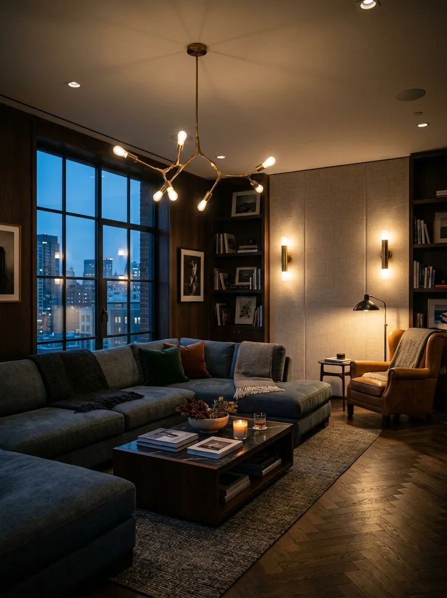 25 Luxury Living Room Ideas That Reveal the Design Details Most People Completely Overlook 2 Sculptural brass pendant light and floor lamp creating layered atmosphere inside a high end living room at dusk