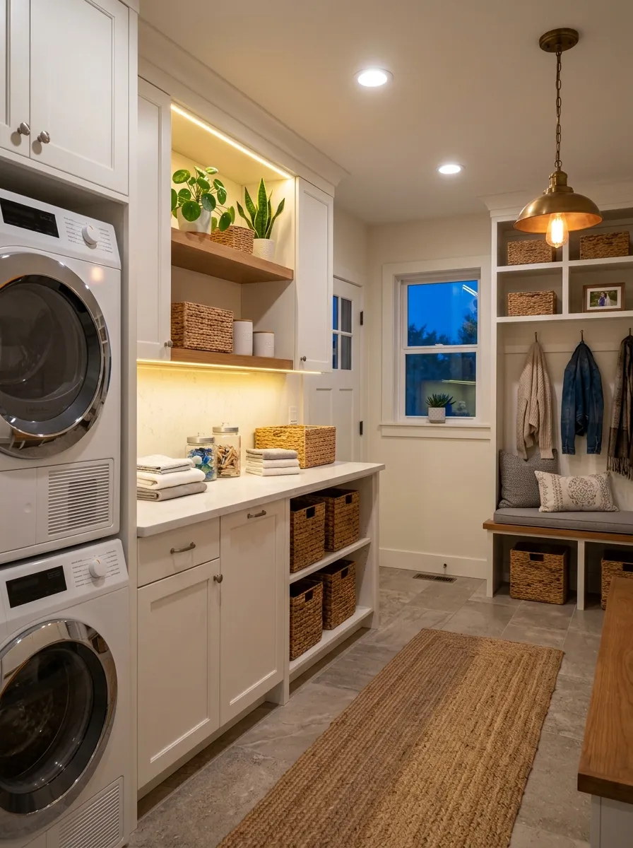 Mudroom laundry room with recessed ceiling lighting, under cabinet LED strips, and warm brass pendant above bench at evening