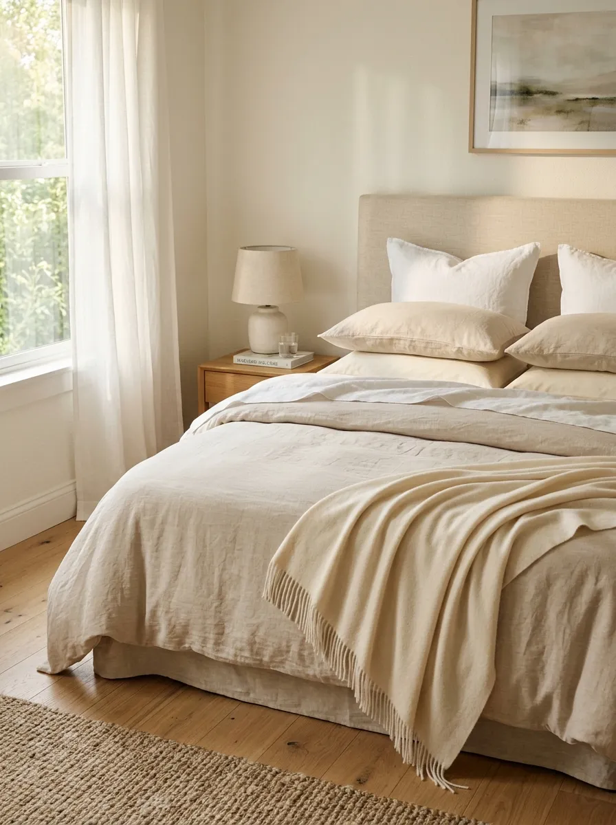 Soft linen bedding layered in ivory and pale sand tones for timeless bedroom decor ideas