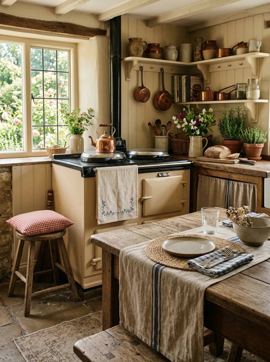 Striped linen runner, embroidered tea towel, and gingham cushion layered as textiles in a farmhouse kitchen charm setting