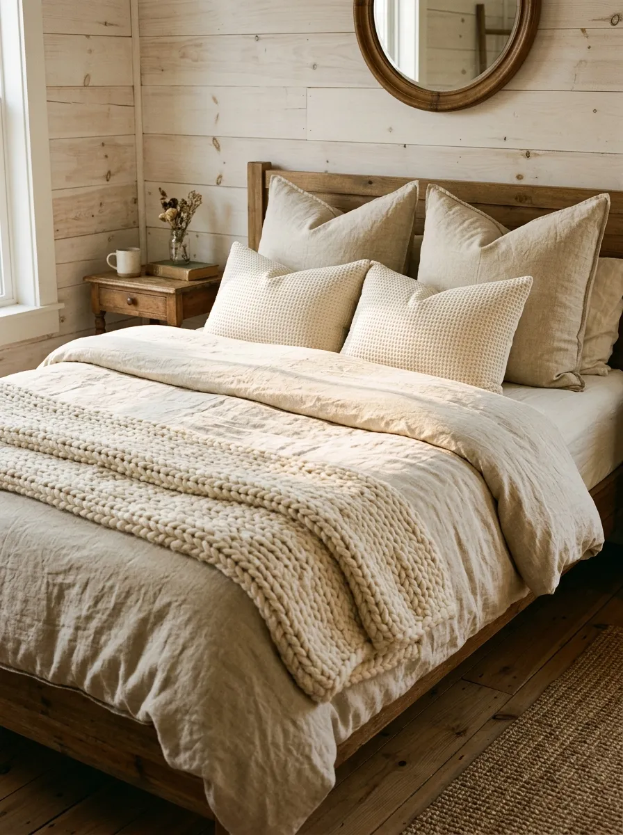 Farmhouse bedroom bed layered with linen duvet, chunky knit throw, and waffle cotton pillows in warm neutral tones