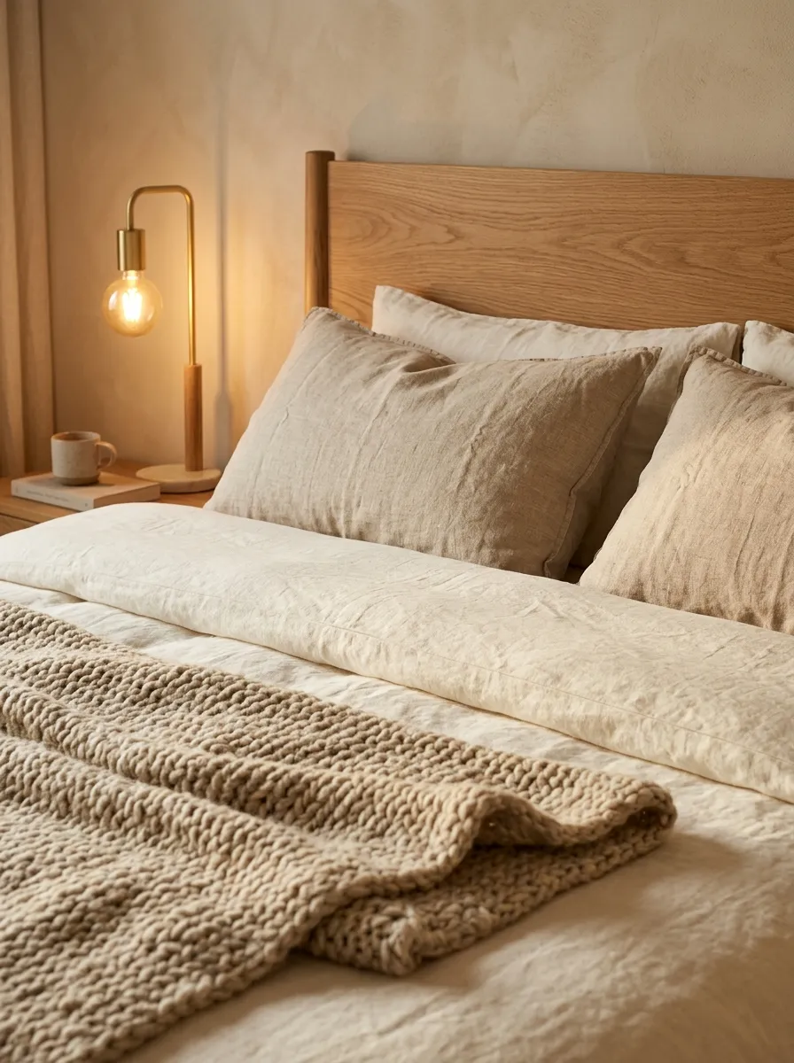 Cozy minimalist bedroom decor with layered ivory and oatmeal textiles on a low oak bed