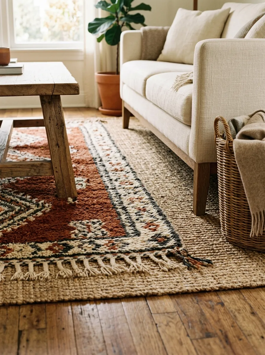 23 Afro Boho Living Room Ideas That Feel Warm, Authentic, Stylish, and Truly Lived In 5 Layered jute and Moroccan style rugs on the floor of a warm and textured Afro Boho decor living room